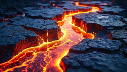 Aufkleber - Molten Lava Flow Glowing in Bright Orange and Red Shades over Dark Volcanic Rock Surface Captured from Above in Majestic Natural Display
