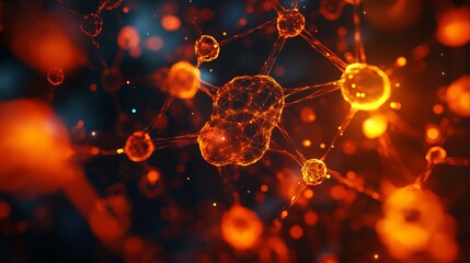 Abstract rendering of interconnected orange spheres with glowing highlights on a dark background
