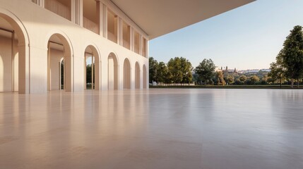 Poster - White arches stretch across the frame against a serene blue sky, showcasing minimalism and clean lines. Copy space on the right offers design versatility