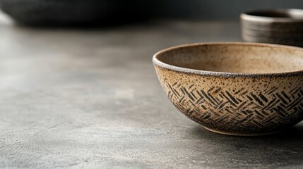 Fototapete - Ceramic bowl with intricate zigzag pattern sits elegantly on a neutral surface, illuminated by soft lighting that accentuates its earthy tones and texture
