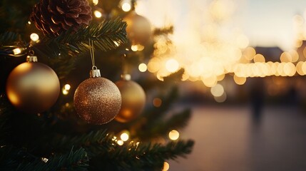 Poster - A Christmas tree branch showcases golden ornaments and glittery pinecones, illuminated by bright lights, creating a festive and warm atmosphere