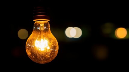 Aufkleber - A single light bulb illuminates a dark space, casting warm shadows and showcasing its intricate filament, representing the essence of creativity and innovation