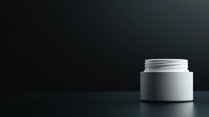 Poster - A white cosmetic cream jar sits elegantly on a dark surface, highlighted by natural light, allowing ample space for branding on the left side of the composition