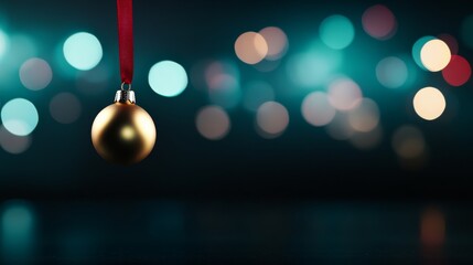 Poster - A golden Christmas bell is elegantly suspended mid-air, adorned with a vibrant red ribbon, surrounded by a beautifully blurred holiday backdrop, capturing festive spirit