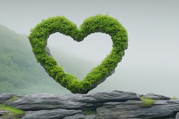 a heart-shaped patch of lichen spreading across a rugged rock face in a misty forest