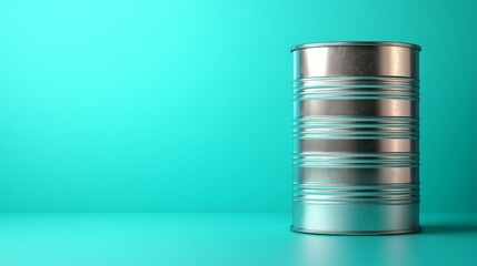 Fototapete - A shiny metal drum stands prominently against a smooth pastel blue backdrop, highlighting industrial simplicity and offering clean lines with copy space on one side