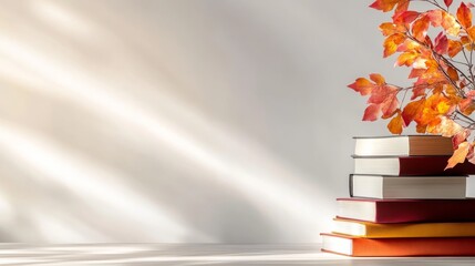 Poster - A stack of vibrant books rests on a simple wooden table in a bright, minimalist room with clean decor and soft lighting, enhancing a modern atmosphere