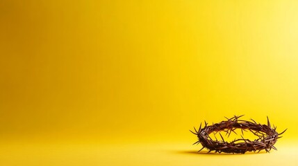 Poster - A single crown of thorns rests against a solid pastel yellow background, its texture enhanced by dramatic shadows that create an introspective atmosphere