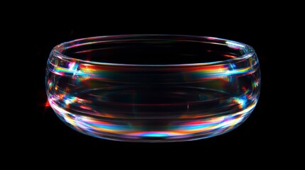 Clear Glass Bowl Reflecting Rainbow Colors on Dark Background for Product Display