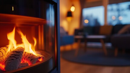 Fototapete - A warmly lit living room features a glowing fireplace surrounded by tasteful furniture, creating a serene atmosphere ideal for relaxation and comfort