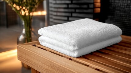 Poster - A pristine white bath towel is elegantly folded on a polished wooden bench. A blurred vase with a single flower adds a touch of serenity to the relaxing environment