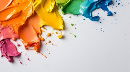 Aufkleber - Overhead view showcases a swirling arrangement of multicolored paint splashes on a clean white surface, emphasizing artistic movement and vibrant hues