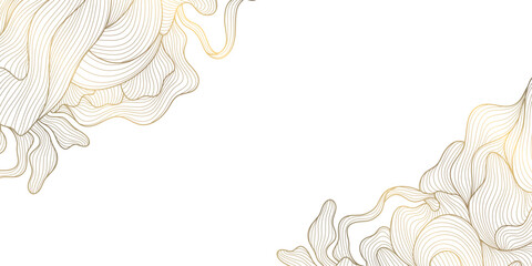Aufkleber - Vector gold line wavy leaves border, art deco luxury frame, floral abstract background. Luxury vintage card, wedding nature decoration, corner ornament