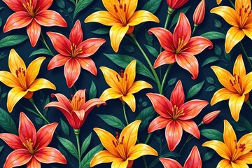 Wall Mural - Bold repeating pattern of stylized lilies in square grid , bold, vibrant