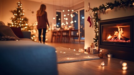 Aufkleber - A warm living room is adorned with festive decorations, featuring a glowing fireplace and Christmas stockings, creating a cozy holiday ambiance for gatherings