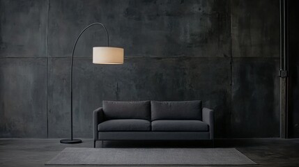 Poster - Dark living room showcases a minimalist gray sofa paired with a stylish floor lamp, highlighting clean lines and muted tones for a contemporary feel