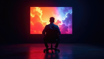 Wall Mural - empty chair facing a glowing screen, dark room , internet, network, purple