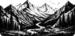 © Vexora Studio - mountain river landscape engraving black and white outline