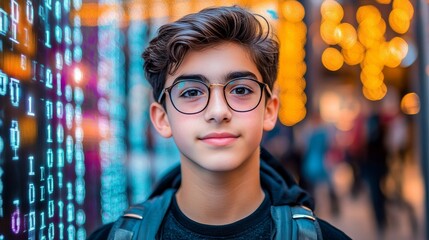 Wall Mural - teenage boy and technology curious teen with glasses against binary code background