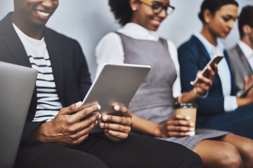 Poster - Waiting room, online and people with tablet, interview or review of resume for job opportunity or digital. Business, candidate and group with tech for research, corporate or preparing for application