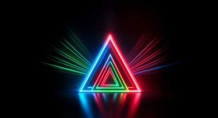 Wall Mural - vibrant neon triangles in blue, green, and red are layered against a stark black backdrop. reflectio