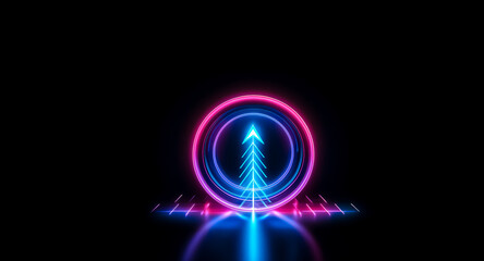 Wall Mural - neon arrow points upward through a pink circle, positioned on a blue grid against a dark backdrop. t