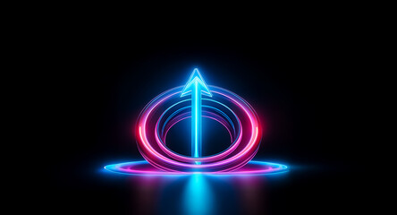 Wall Mural - a luminous blue arrow ascends through a vibrant pink neon ring against a stark black backdrop, creat