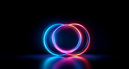 Wall Mural - two glowing neon circles interlock against a dark backdrop, casting vibrant reflections. the rings e