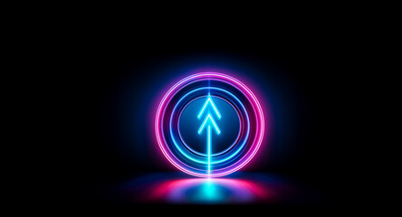 Wall Mural - a vibrant neon arrow pointing upwards is centered within a circular frame. the design glows with blu