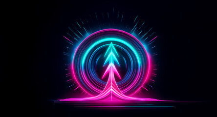 Wall Mural - neon arrow pointing upwards, encircled by vibrant pink and blue rings against a black background. il