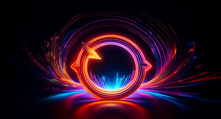 Wall Mural - a vibrant neon circle with arrows emits radiant light trails against a dark backdrop. abstract desig