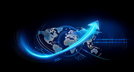 Wall Mural - a glowing blue arrow curves upwards over a stylized world map against a dark backdrop, suggesting gl