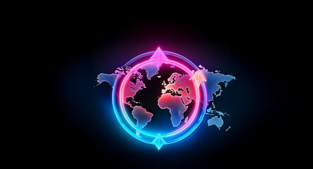 Wall Mural - neon world map with vibrant pink and blue outlines on a black backdrop. a glowing circle frames the 
