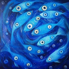 Wall Mural - group of blue sardines swirling in the sea, abstract art