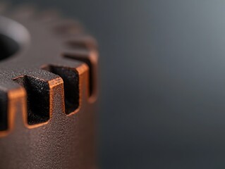 Poster - Close-up of a meticulously crafted metal gear features polished teeth and fine details, highlighting precision craftsmanship in a modern setting