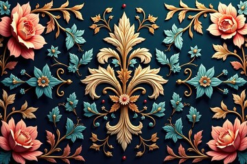 Wall Mural - intricate woven floral damask, elegant swirls & leaves, floral, silver, illustration