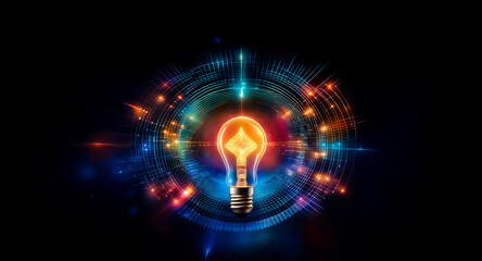 Wall Mural - a glowing light bulb is centered, surrounded by abstract colorful shapes and lines against a dark ba