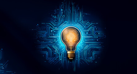Wall Mural - glowing light bulb illuminates digital circuit patterns, symbolizing innovative ideas and technologi