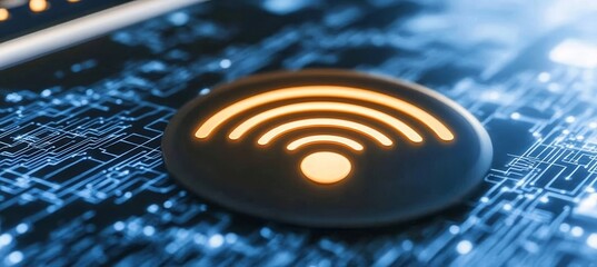 Wall Mural - glowing wi-fi symbol on a circuit board embodies the concept of modern wireless internet technology.