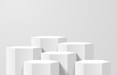 Abstract white 3d background in bright studio room. Six realistic 3D hexagon podium pedestal. 3D stage for show product. Minimal wall scene for product mockup. 3D vector geometric platform.