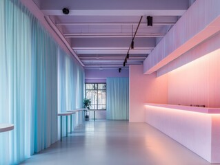 Aufkleber - This pop-up shop showcases a pastel color palette, geometric wall panels, and a pink display counter, creating a calm minimalist space ideal for shopping or events