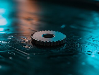 Leinwandbilder - A paper cutout gear is placed over a metallic circuit board, softly illuminated with blue highlights, creating a modern, technological atmosphere and space for text