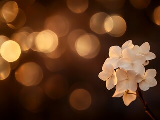 Poster - Single white hydrangea bloom stands out against a softly blurred golden bokeh backdrop, providing a serene atmosphere and perfect space for text placement