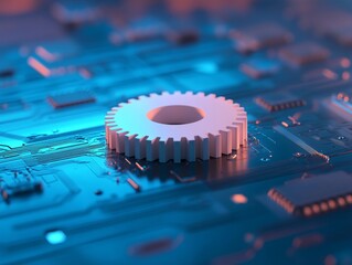Fototapete - A single 3D white gear rests on a metallic circuit board design, illuminated by blue lighting, providing ample copy space for technological content