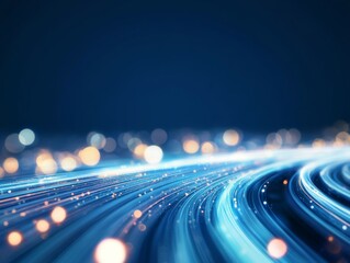 Fototapete - A wide-angle view showcases a digital wave composed of vibrant blue hues, dynamic lines, and glowing points, evoking a sense of technology and innovation