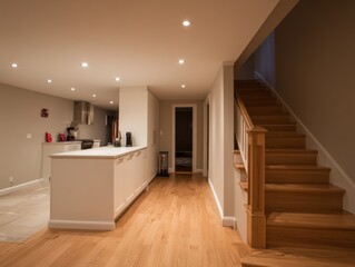 Fototapete - A sleek white kitchen counter and polished wooden staircase create a modern atmosphere in this beautifully renovated basement with soft natural light