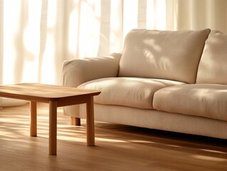 Fototapete - Bright and airy Scandinavian-style living room features a light beige sofa and a wooden coffee table, all illuminated by large floor-to-ceiling windows