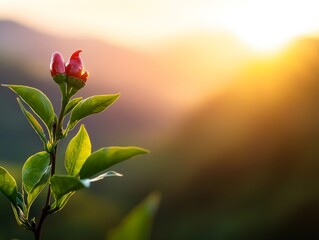 Aufkleber - A vibrant chili plant heavily loaded with ripe red peppers basks in golden hour sunlight, surrounded by a soft-focus green plantation backdrop