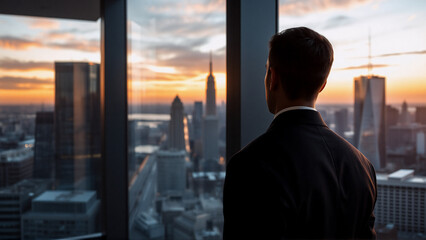 Aufkleber - A man in a suit observes a city skyline at sunset. The scene is viewed from inside a high-rise building, suggesting success and aspiration. The warm light bathes the urban landscape and hints at ambit