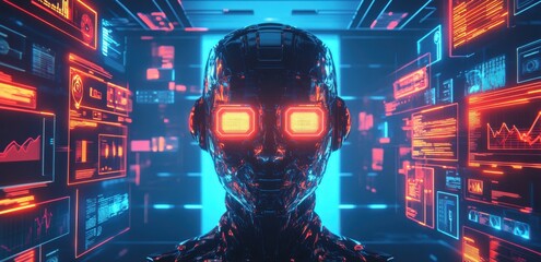 Wall Mural - futuristic robot with glowing red eyes surrounded by digital data interfaces